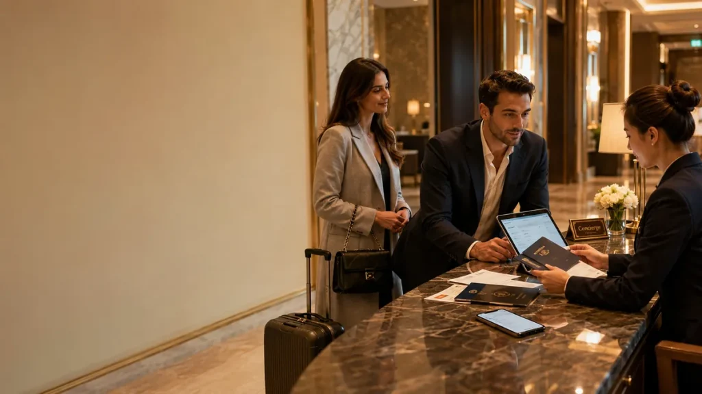 International traveler completing verified concierge booking safely