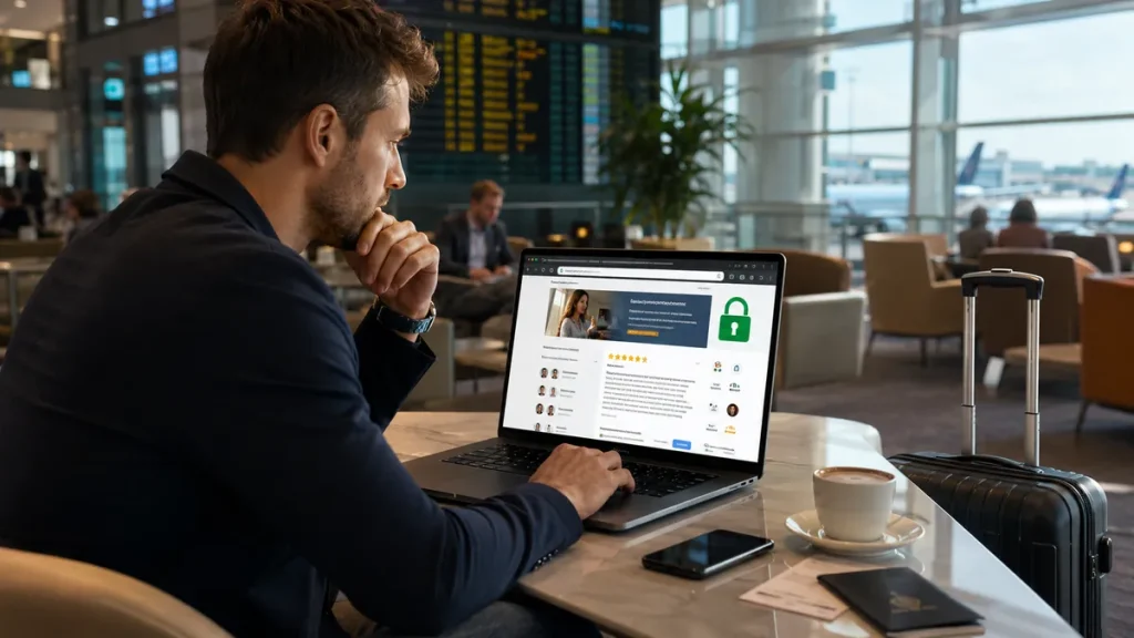 Traveler verifying agency before booking