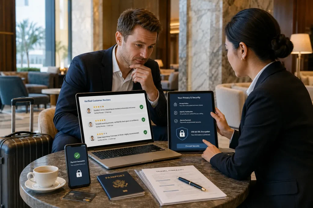 Traveler verifying reviews before secure booking